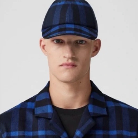 BURBERRY CASHMERE NAVY SIGNATURE CHECKERED PATTERN UNISEX BASEBALL CAP - Picture 9 of 16
